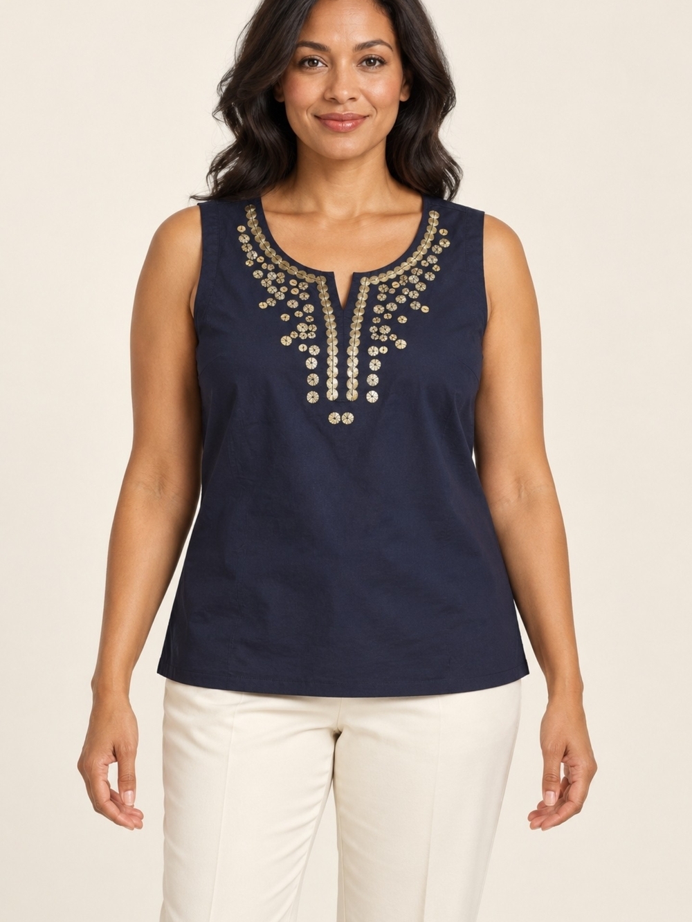 St. John’s Bay Navy Sleeveless Split Neck Metallic Sequin Blouse XL